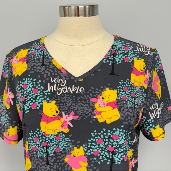 Disney Pooh Bear & Piglet Scrub Top Size M Dark Gray Scrubs Nurse Uniform Smock - Picture 3 of 6